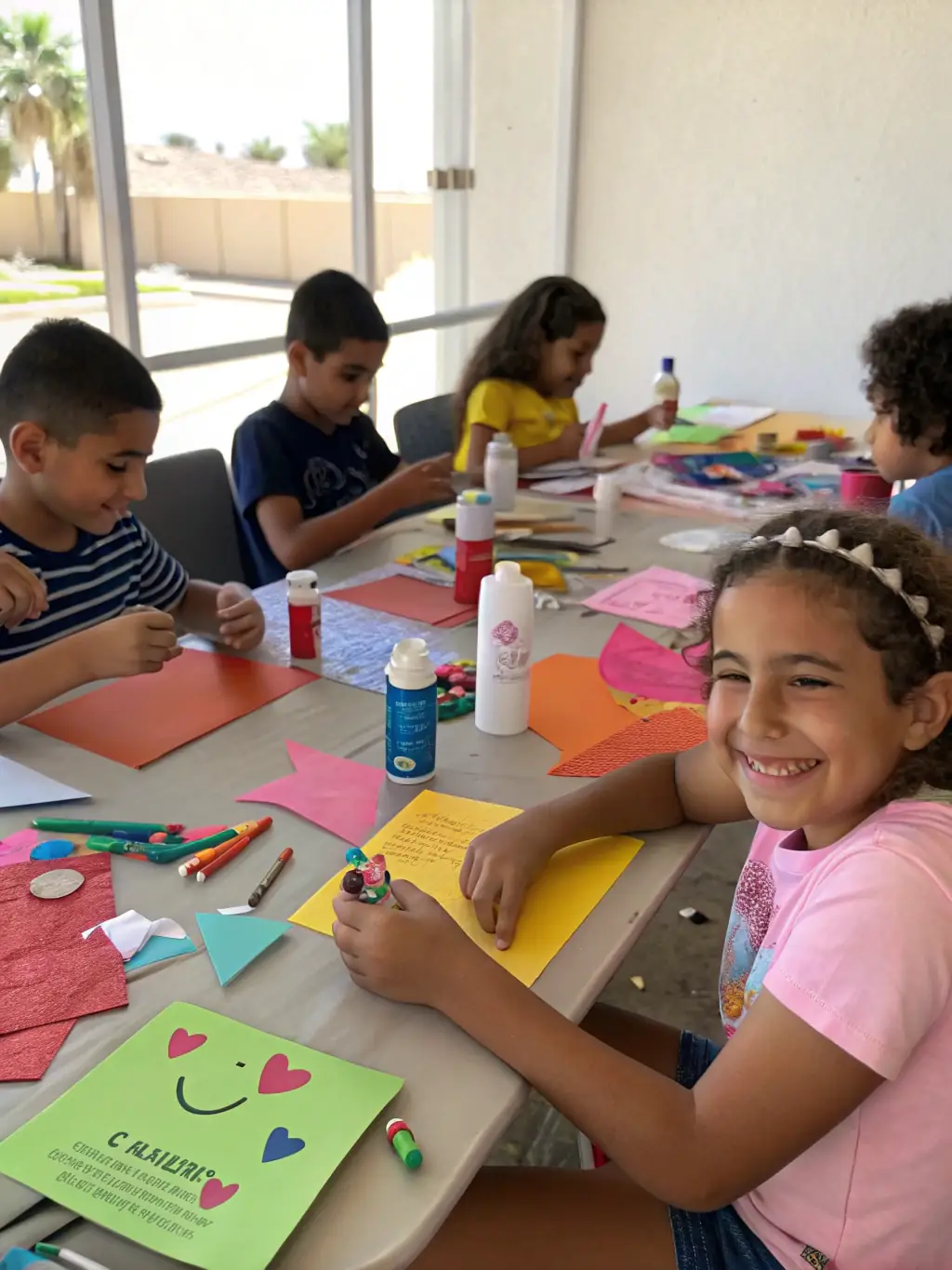 A vibrant photograph capturing children engaged in a collaborative art project during a FAPEV-organized workshop, showcasing the joy and creativity of the event.
