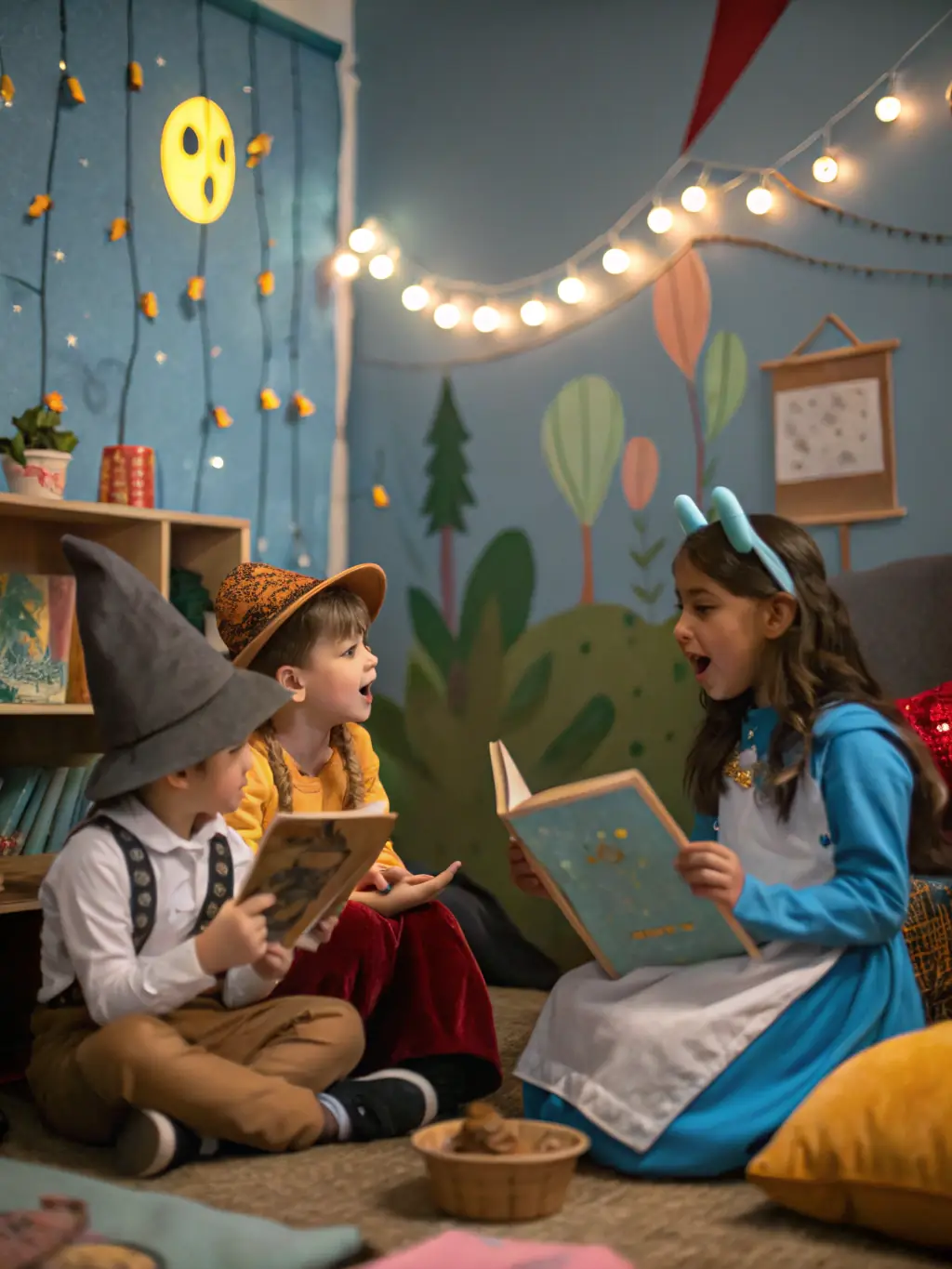 An image of children participating in a drama workshop, acting out a scene on a small stage with colorful costumes and props.