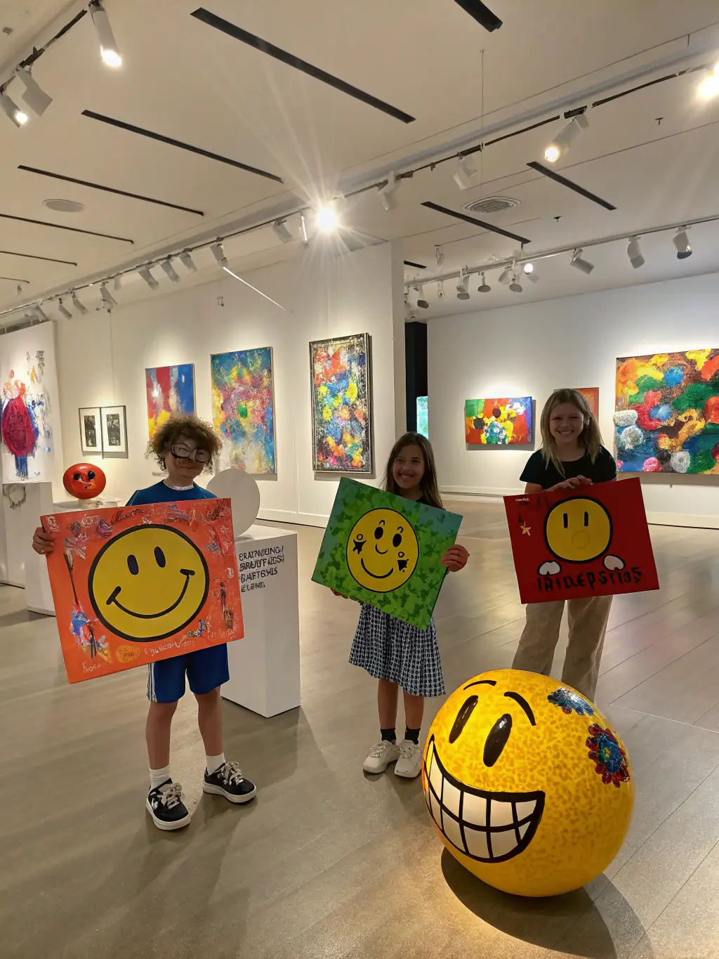 An image of students displaying their artwork in a school exhibition, with parents and teachers admiring their creations.
