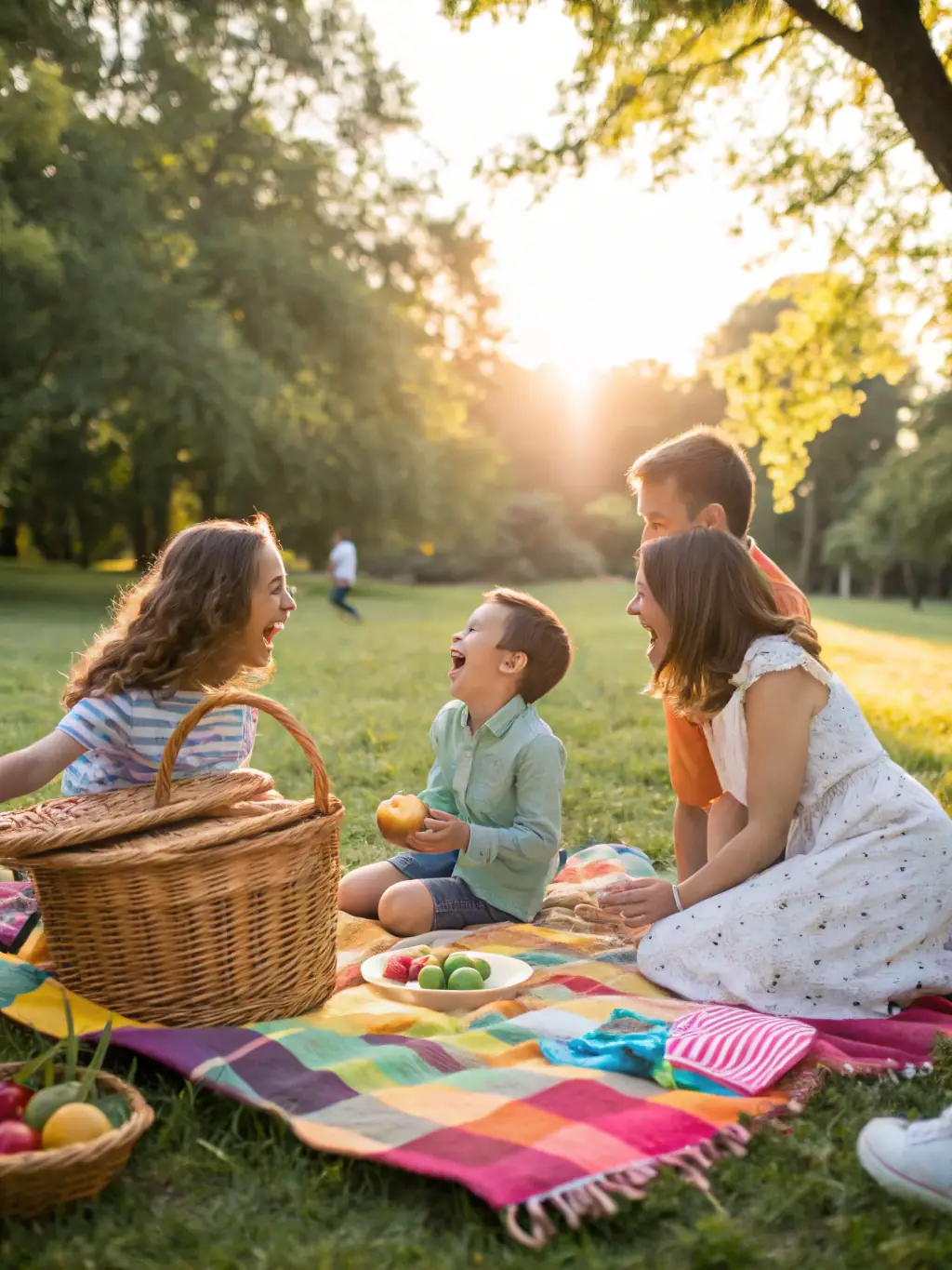 A photograph of children and parents enjoying a picnic during a FAPEV-organized family fun day, promoting community bonding and outdoor activities.
