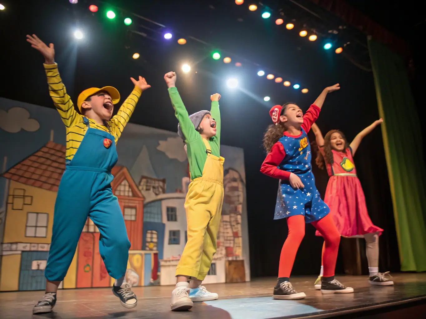 A photograph of a school play rehearsal, showing students in costume on stage, highlighting FAPEV's involvement in theatrical productions.