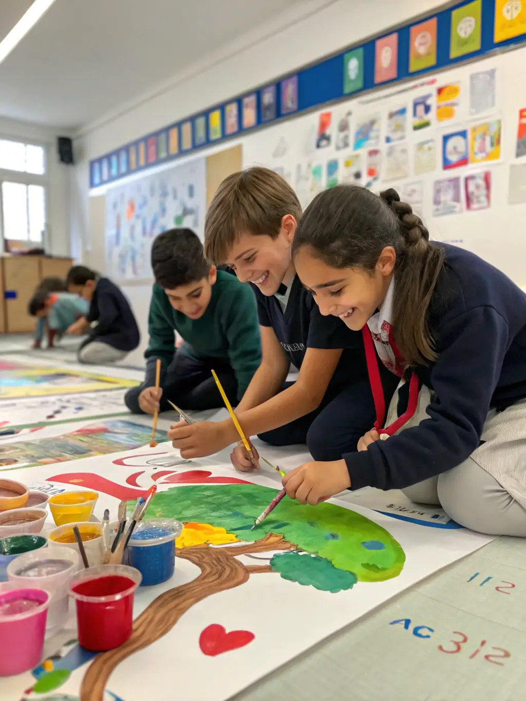 A photo of children and parents collaborating on a community art project during a FAPEV-sponsored event.