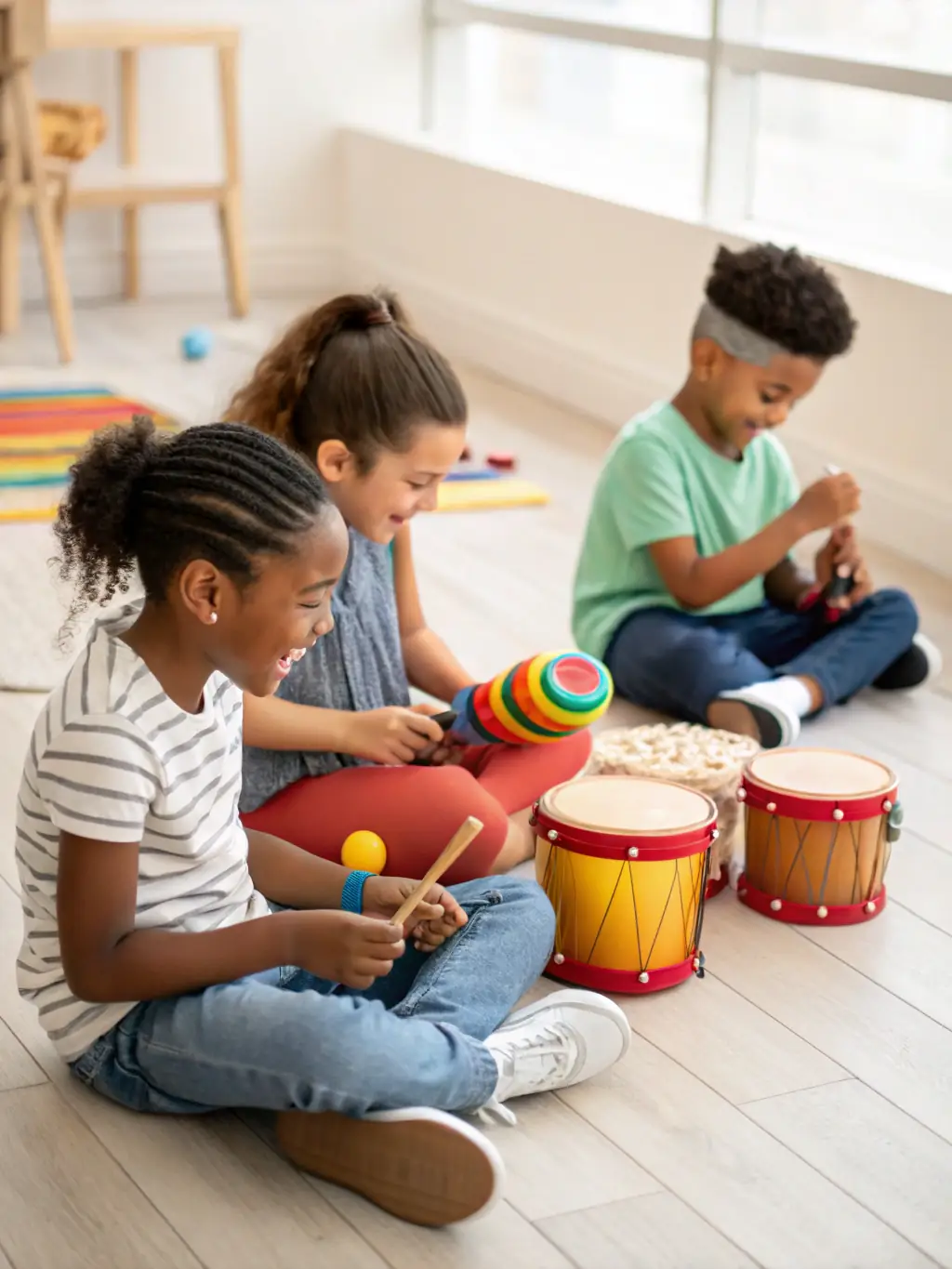 An image of children learning to play musical instruments in a group setting, guided by a music teacher.
