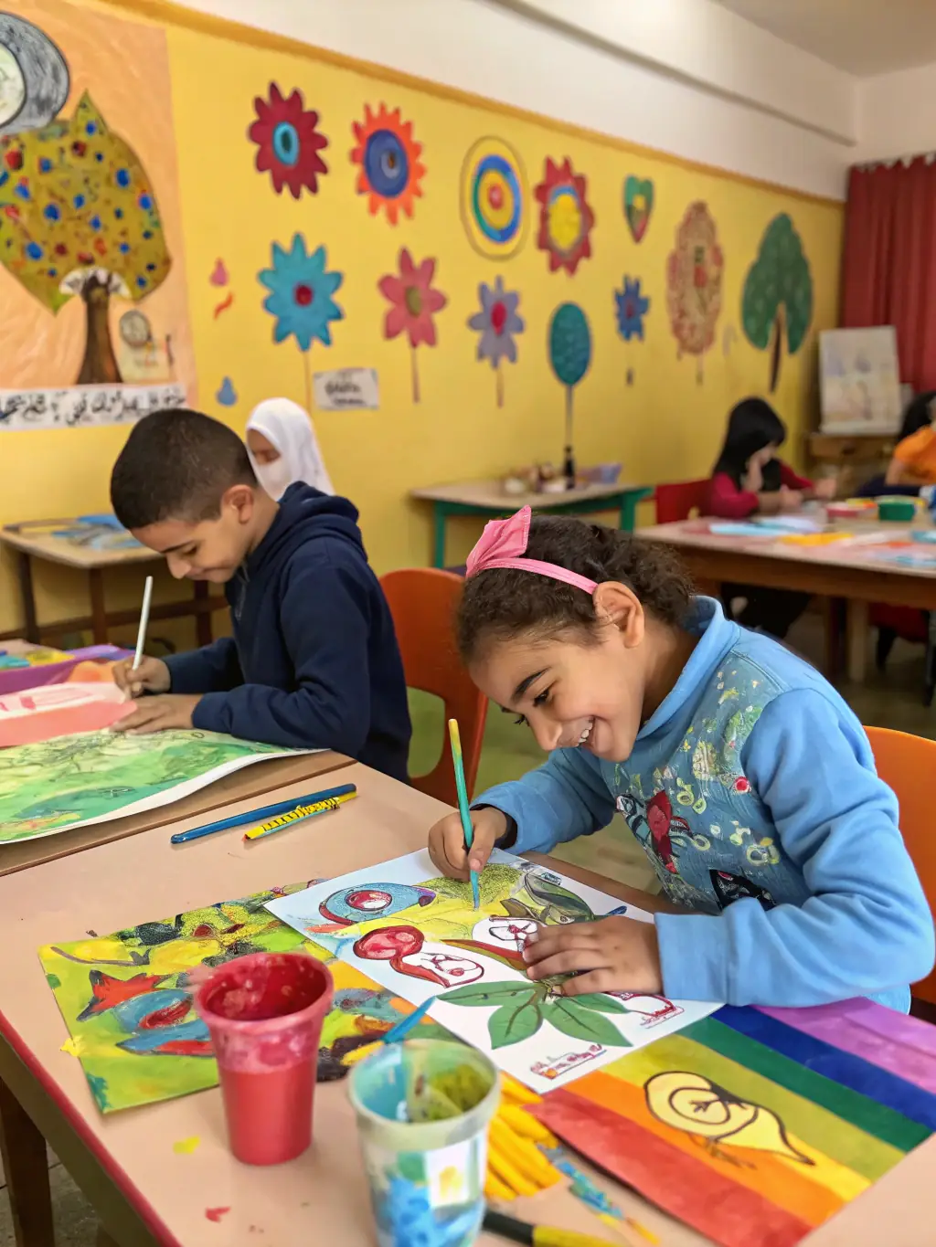 A vibrant photograph capturing children actively participating in an art workshop organized by FAPEV, showcasing their creativity and engagement.
